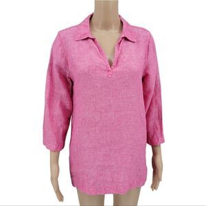TAHARI Women's Medium Pink Linen Blouse